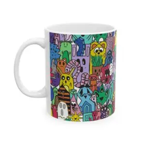Colorful Doodle Characters Ceramic Mug — Whimsical All-Over Print - Drawn by Margot