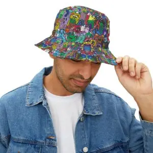 Bucket Hat with Colorful Monster drawing - Drawn By Margot